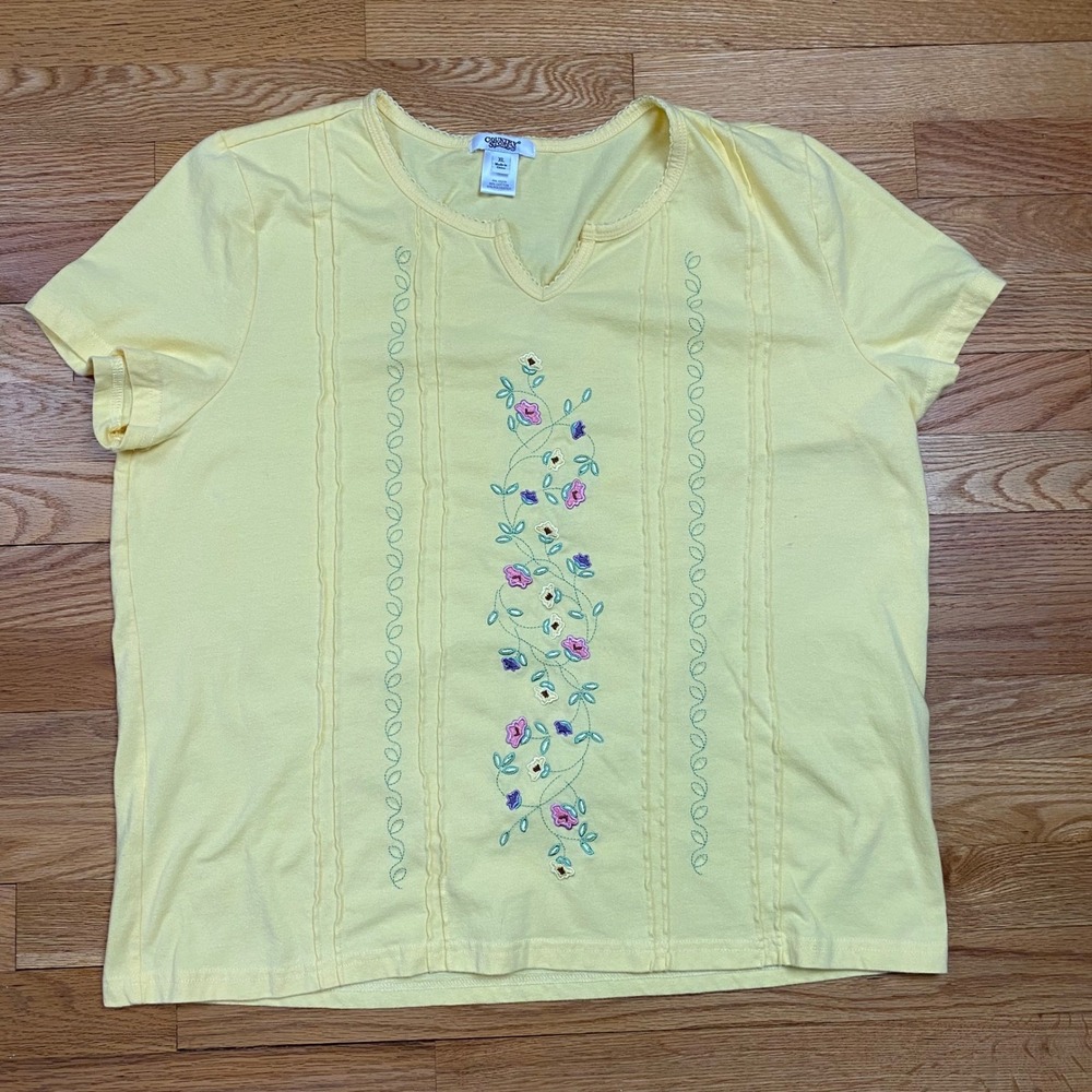 Floral Embroidered Top Womens XL Yellow Short Sleeve Prairie Boho Garden Cottage